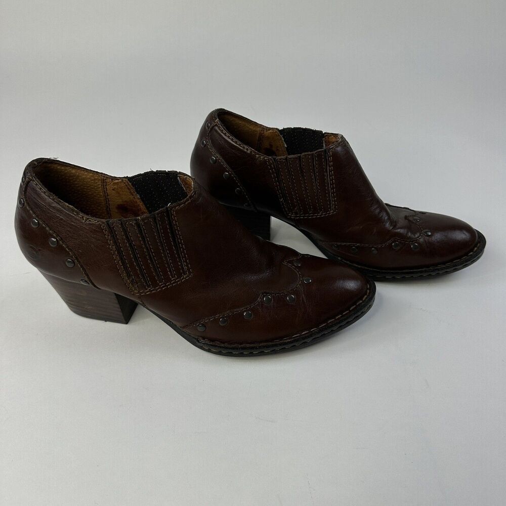 Born Womens Tour Boots sz 8 M Block Heel Bootie Leather Western Brown Studded - Picture 3 of 12